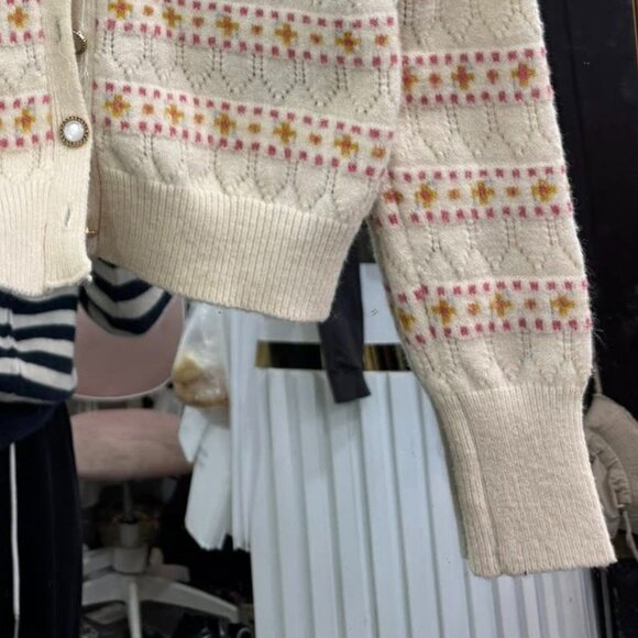 Cream Floral Striped Pointelle Knit Cardigan Sweater - Picture 5 of 5